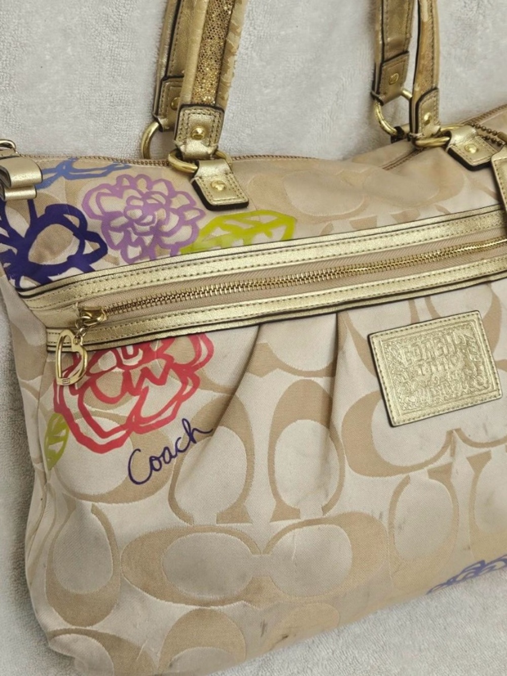 Coach Metallic Cream Tote with Multicolor Floral Print